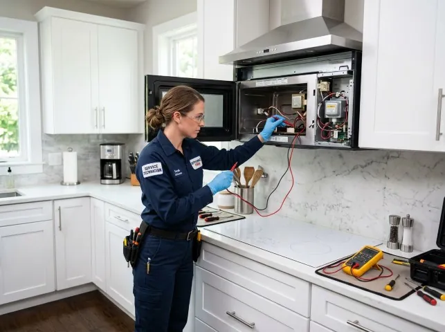 Appliance Repair Hero technician testing an over-the-range microwave in a Bayville, NJ kitchen